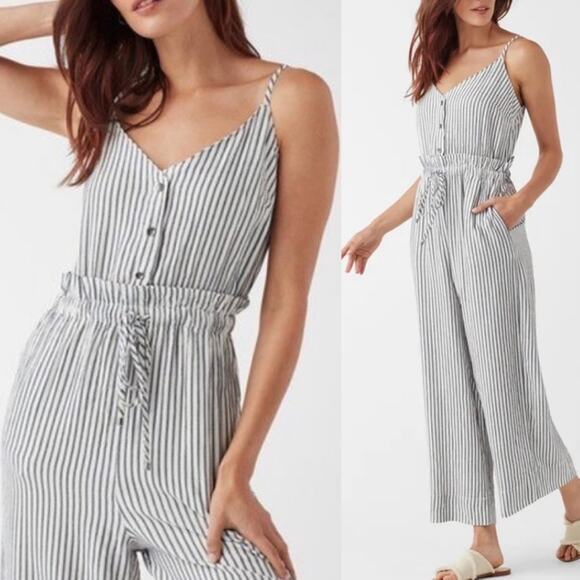 SPLENDID Crosshatch Jumpsuit Striped Tie Waist Stripes Navy Linen NWT SZ Small - Picture 15 of 16